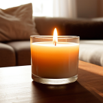 **Prompt:** A close-up of a natural essential oil candle burning, its soft, warm light casting gentle shadows in a cozy, minimalist living room. The air around the flame appears subtly luminous, symbolizing a pure, natural fragrance filling the space, evoking a deep sense of comfort, cleanliness, and relaxation. The atmosphere is serene and inviting, with a focus on diffused light and a clean, organic aesthetic.