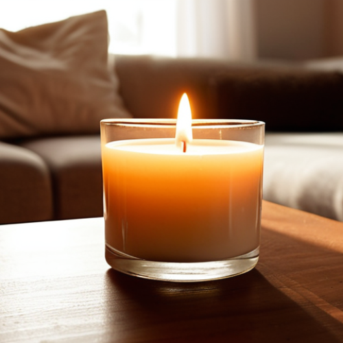 Home 16 **Prompt:** A close-up of a natural essential oil candle burning, its soft, warm light casting gentle shadows in a cozy, minimalist living room. The air around the flame appears subtly luminous, symbolizing a pure, natural fragrance filling the space, evoking a deep sense of comfort, cleanliness, and relaxation. The atmosphere is serene and inviting, with a focus on diffused light and a clean, organic aesthetic.