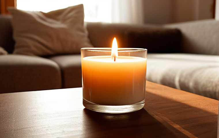 **Prompt:** A close-up of a natural essential oil candle burning, its soft, warm light casting gentle shadows in a cozy, minimalist living room. The air around the flame appears subtly luminous, symbolizing a pure, natural fragrance filling the space, evoking a deep sense of comfort, cleanliness, and relaxation. The atmosphere is serene and inviting, with a focus on diffused light and a clean, organic aesthetic.