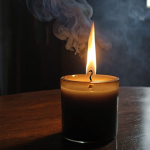 **The Invisible Threat:** A close-up of a paraffin candle burning with a thick, dark plume of smoke and visible soot particles rising from the flame, polluting the air around it. The room appears hazy, hinting at an unhealthy indoor environment. In the blurred background, a person subtly shows signs of discomfort, like a slight headache or a cough, implying the negative health effects. Emphasize the unsettling contrast between the seemingly calm flame and its toxic emissions. Realistic, slightly somber lighting.