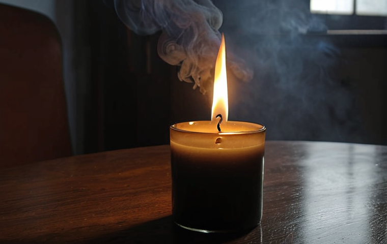 **The Invisible Threat:** A close-up of a paraffin candle burning with a thick, dark plume of smoke and visible soot particles rising from the flame, polluting the air around it. The room appears hazy, hinting at an unhealthy indoor environment. In the blurred background, a person subtly shows signs of discomfort, like a slight headache or a cough, implying the negative health effects. Emphasize the unsettling contrast between the seemingly calm flame and its toxic emissions. Realistic, slightly somber lighting.